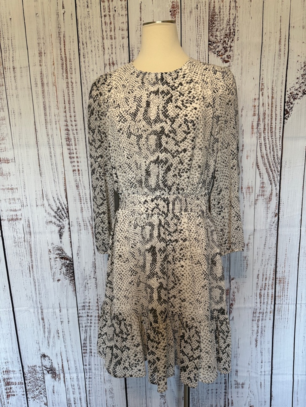 J. Crew Gray and White Snake-Print Long Sleeve Dress
